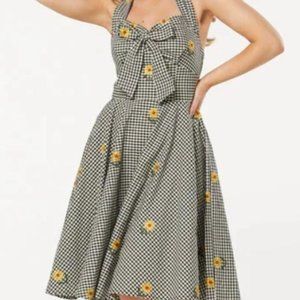 Retro Vintage Style Gingham Halter Sundress with Sunflowers Never Worn M